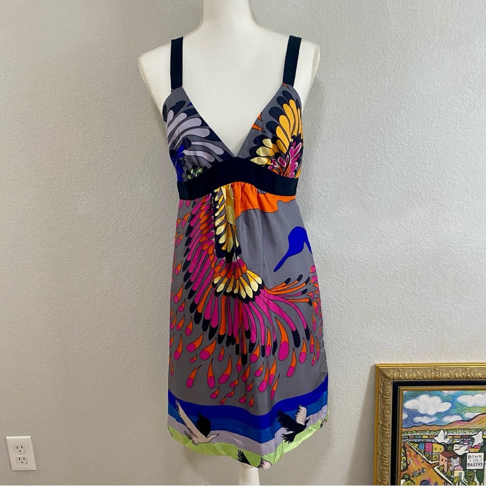 Tibi Boho Abstract Bird Print 100% Silk Sleeveless Dress, Summer, Artistic, Sz 8